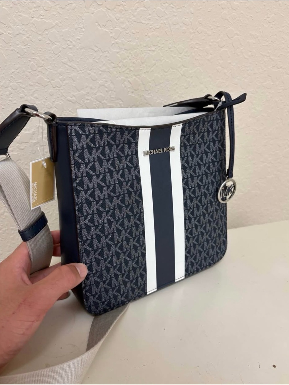 Michael Kors Men's MK Signature Crossbody in Navy and White